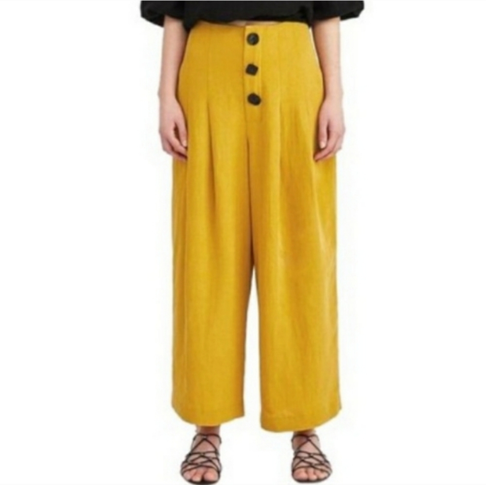 Zara High Rise Wide Leg Pants Size XS Yellow Mustard Linen Blend Palazzo Preppy